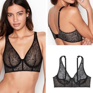 Victoria's Secret Unlined Underwire Black Zebra Lace Plunge bra and panty set